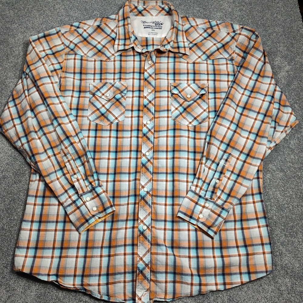 Wrangler Competition Mens XXL Orange Blue Plaid Western Pearl Snap